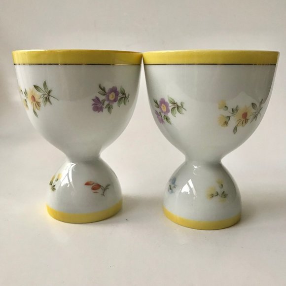 Vintage Porcelain Floral Gold Gilded Egg Cups Yellow White Flowers Pink Blue - Picture 1 of 15